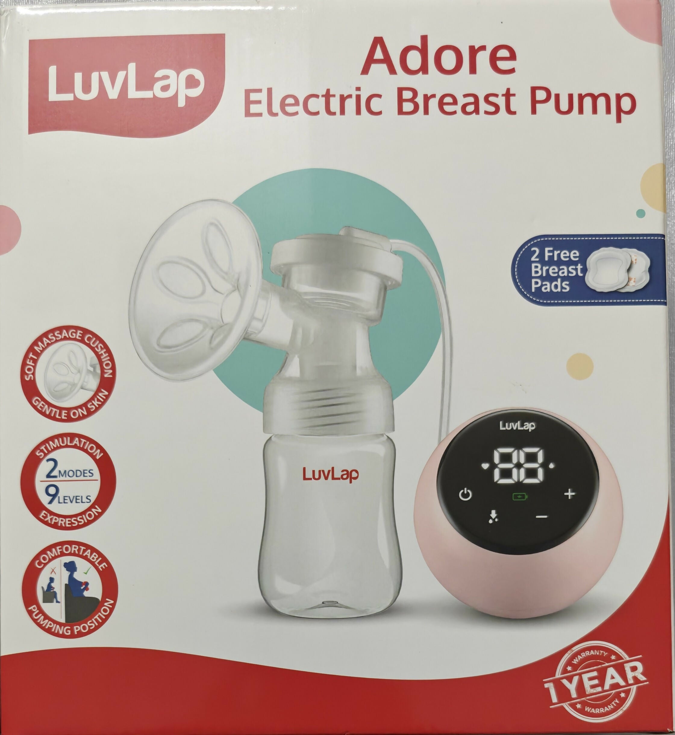 Luvlap Adore Electric Breast Pump packaging with pump and control panel on a white background