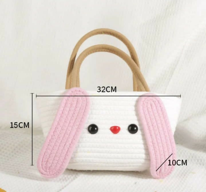 Small bag with pink bunny ears and measurements on a white background
