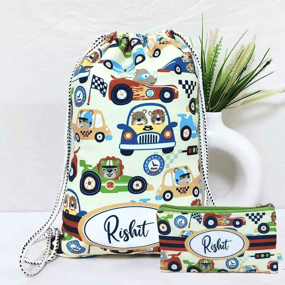 Drawstring bag and pouch with car pattern and 'Rishit' branding on a white background