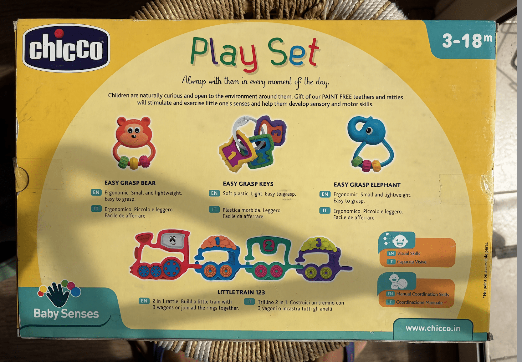 CHICCO teether and rattle play set with 4 pieces featuring baby-safe materials, textured teethers, colorful rattles, and engaging toys for teething relief and sensory development.