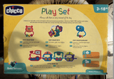 CHICCO teether and rattle play set with 4 pieces featuring baby-safe materials, textured teethers, colorful rattles, and engaging toys for teething relief and sensory development.