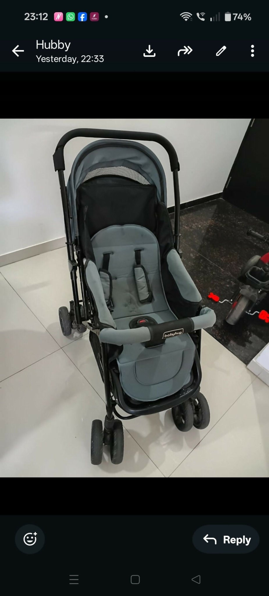 Babyhug Symphony stroller with reclining seat, smooth wheels, safety harness, adjustable canopy, and comfortable travel design for babies and toddlers.