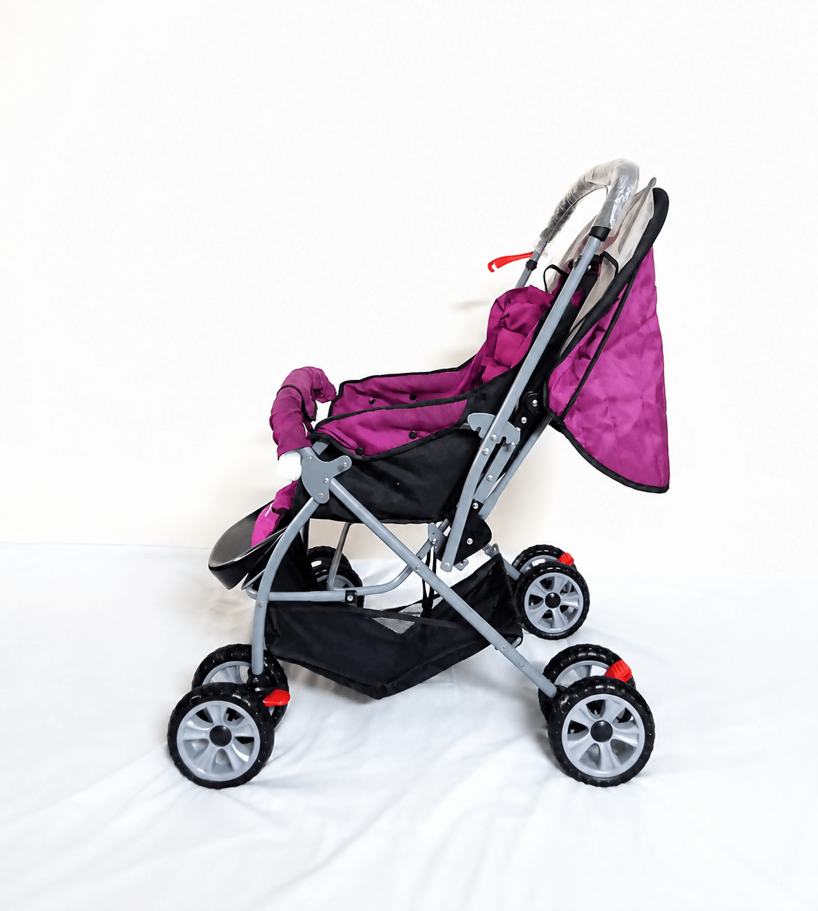 Tiffy & Toffee Maxtrem baby stroller with reversible handle, reclining seat, foldable travel pram design, adjustable canopy, 5-point safety harness, smooth wheels, and storage basket for babies and toddlers up to 22 kg.