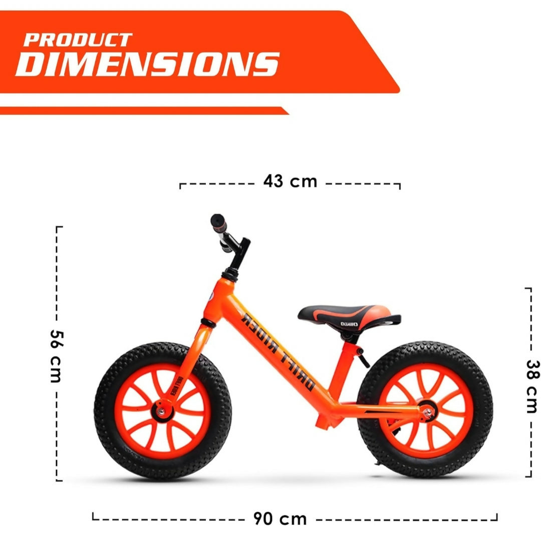 Orange balance bike with dimensions labeled on a white background