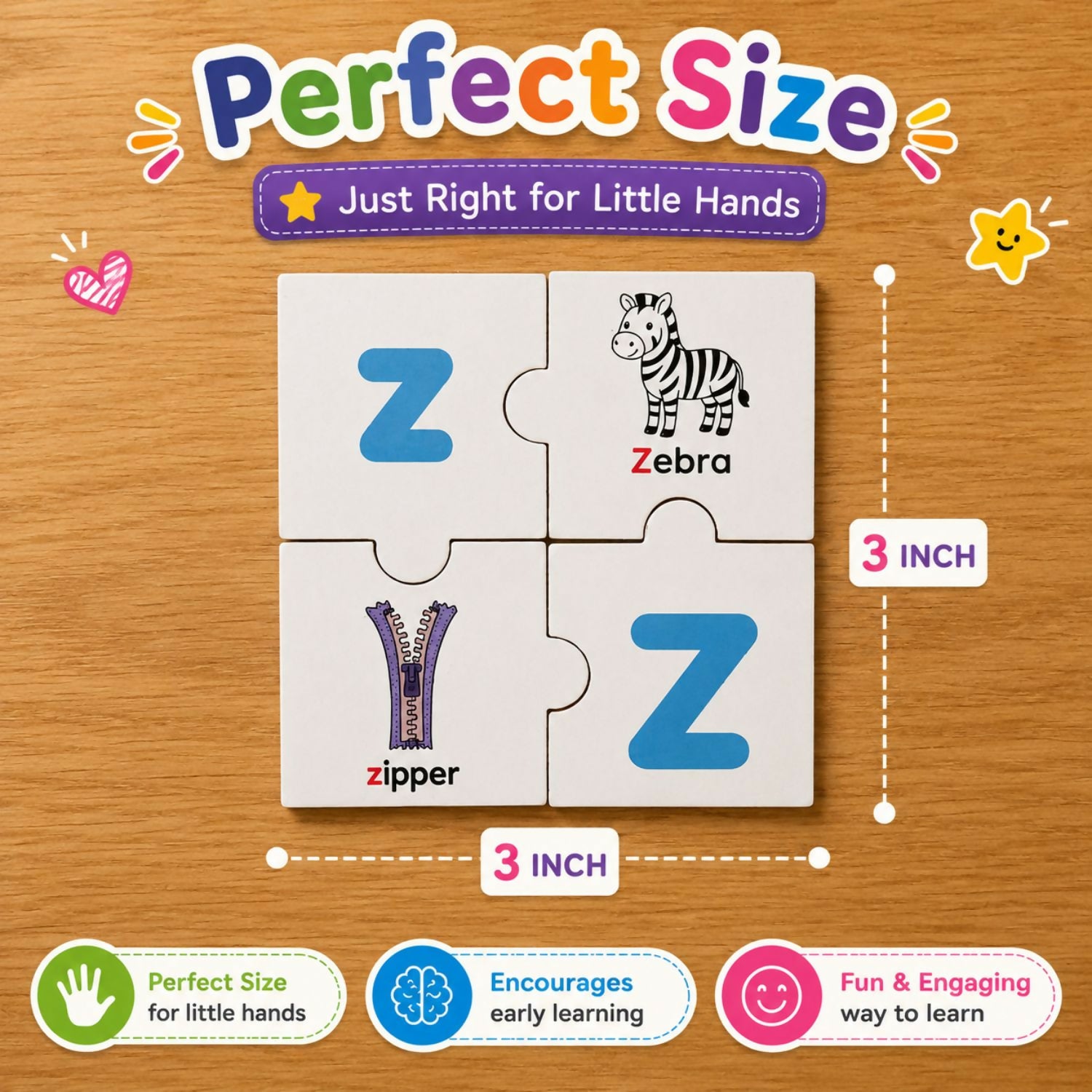Wooden Alphabet Puzzle for kids featuring colourful letter pieces designed to encourage alphabet recognition, matching, fine motor skills, hand-eye coordination and early learning through interactive play.