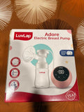 LUVLAP Adore electric breast pump with adjustable suction settings, compact design, milk collection bottle, and comfortable pumping support for breastfeeding mothers.