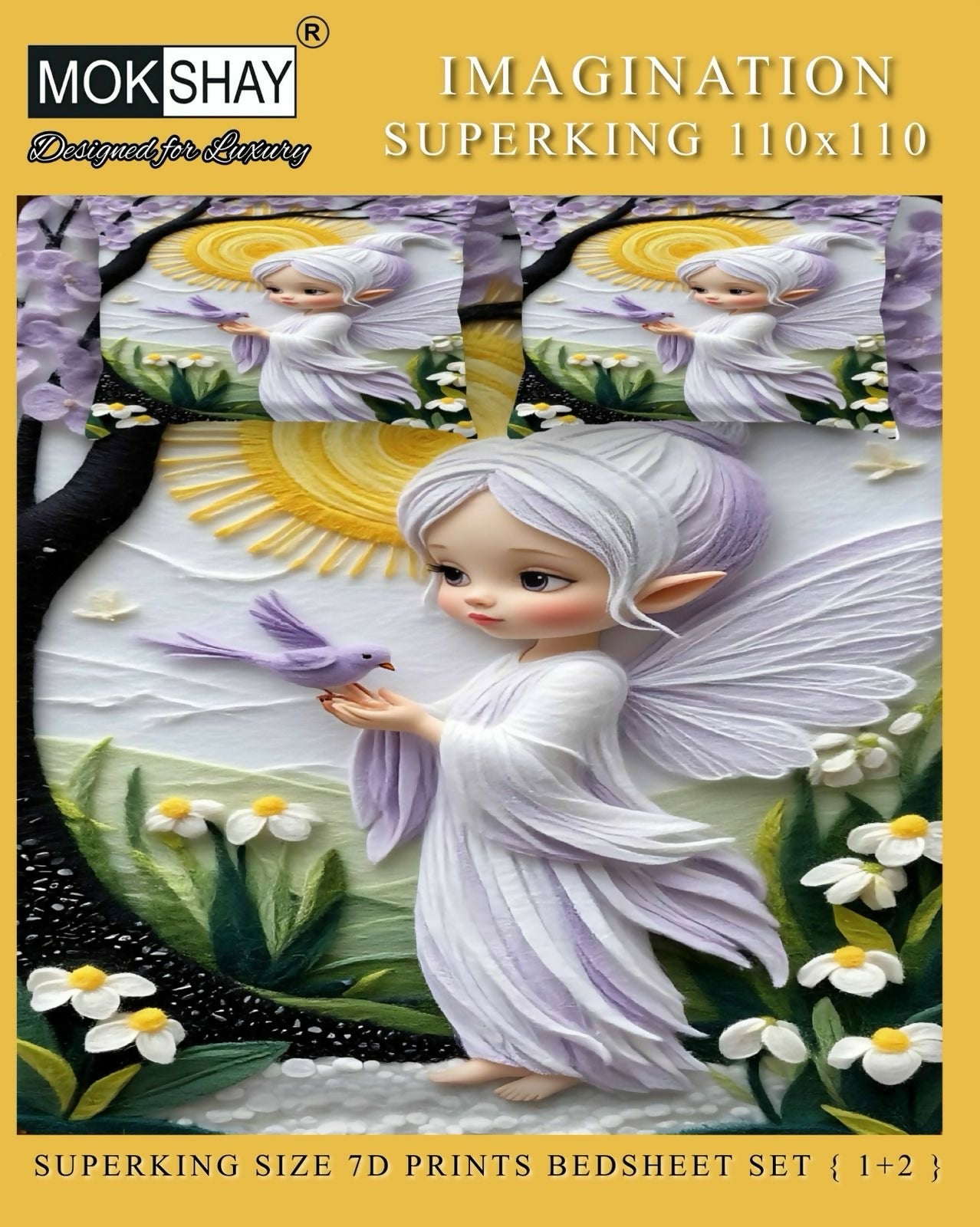 Mokshay Imagination Superking size 7D prints bedsheet set with fairy design on a yellow background