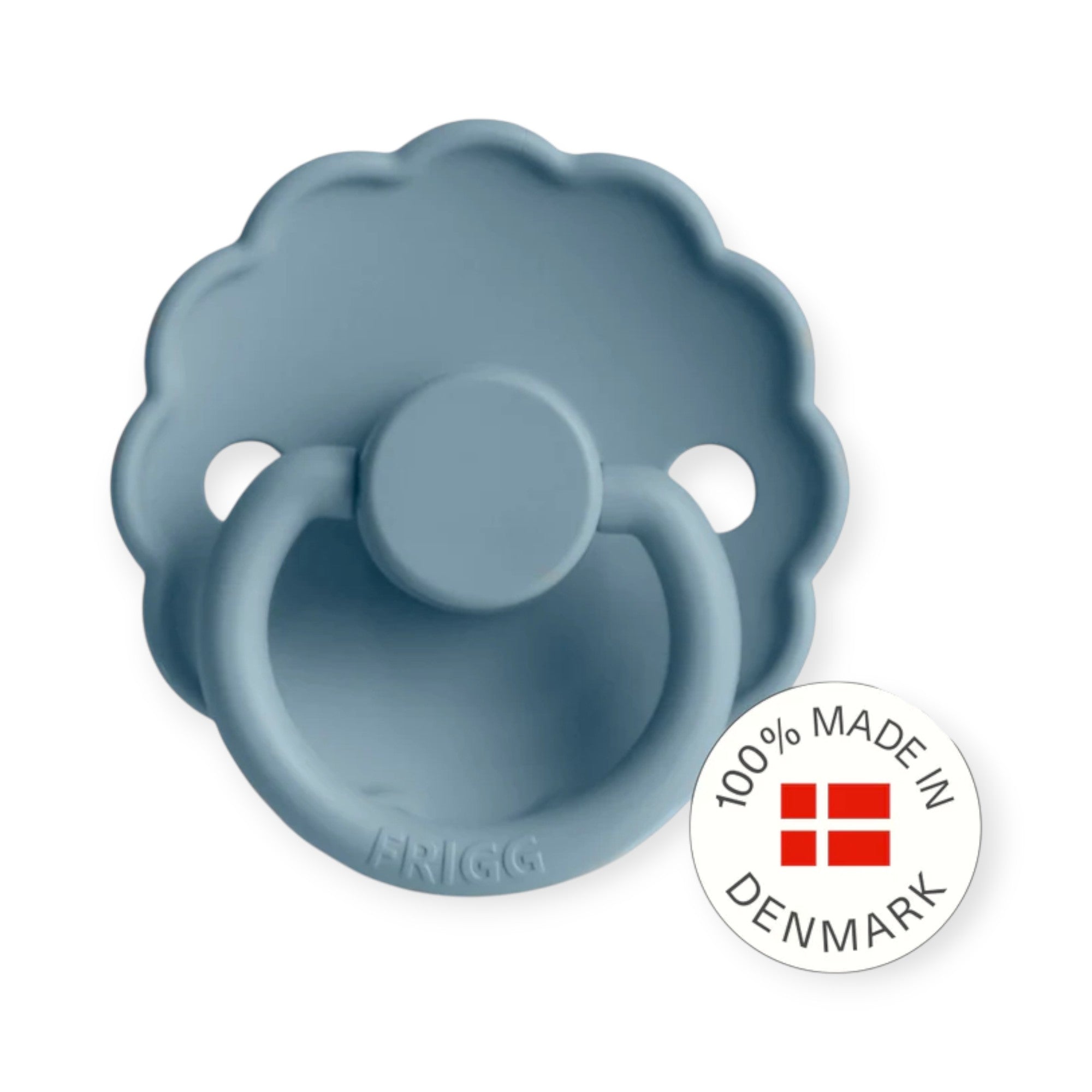 Blue silicone pacifier with 'Frigg' branding and a 'Made in Denmark' badge on a white background