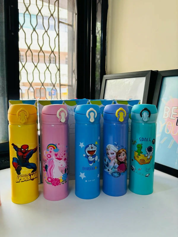 Five colorful water bottles with cartoon character designs