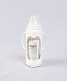 Giggles 210ml Glass Feeding Bottle with dual handles, BPA-free glass, soft silicone nipple, and ergonomic design for comfortable, safe, and easy feeding for babies learning to hold a bottle.