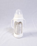 Giggles 210ml Glass Feeding Bottle with dual handles, BPA-free glass, soft silicone nipple, and ergonomic design for comfortable, safe, and easy feeding for babies learning to hold a bottle.