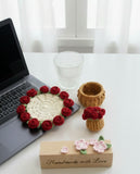 Crochet Rose Flower Coaster with Tiny Basket Set of 6