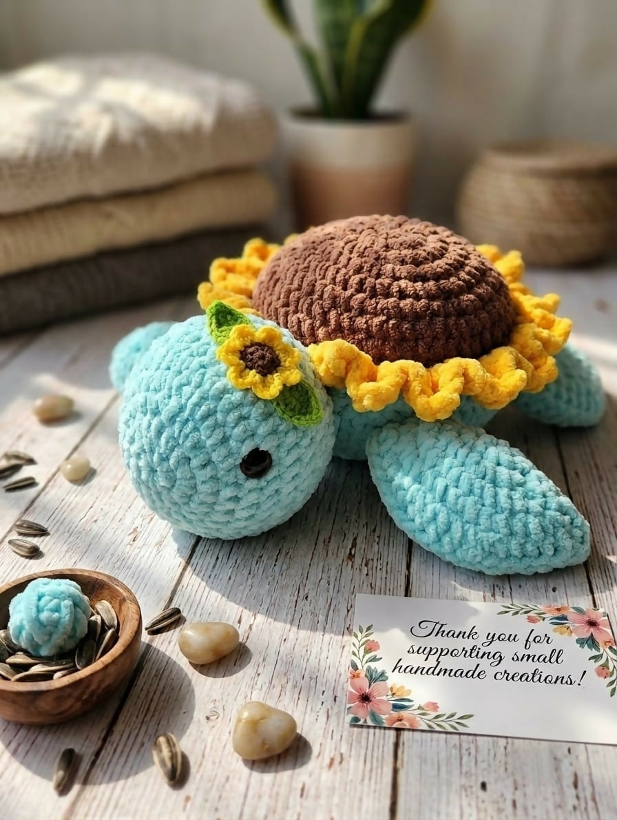 Handmade Crochet Sunflower Turtle Amigurumi Plushie crafted from soft yarn with a charming sunflower shell design, detailed hand-stitched finish, and a cuddly texture for gifting, décor, and imaginative play.