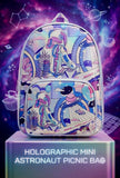Holographic Backpack – 14 Inch featuring a shiny iridescent finish, spacious main compartment, adjustable shoulder straps, secure zip closure, and lightweight design for school, outings, travel, and everyday use.