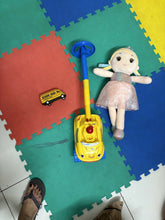 Combo of toys- push through toy, soft toy and school bus