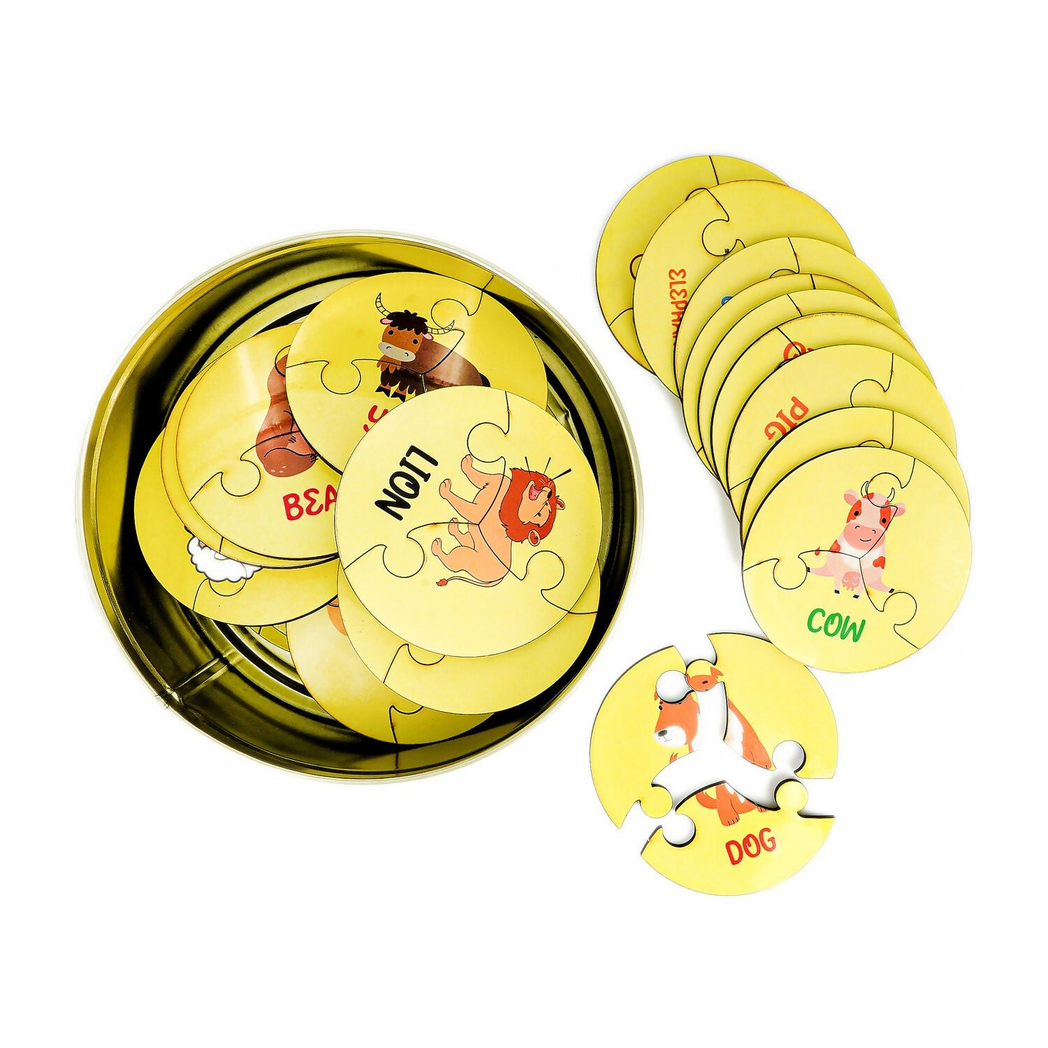 ILEARNNGROW 27 Piece Round Animal Puzzle for Kids featuring colorful animal illustrations, engaging puzzle play and a convenient tin storage box, encouraging problem-solving, hand-eye coordination and fine motor skills.