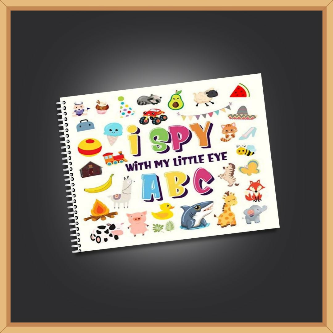I SPY ABC children’s activity book featuring engaging alphabet-based search and find activities that encourage letter recognition, observation, visual learning and early vocabulary development through playful learning.