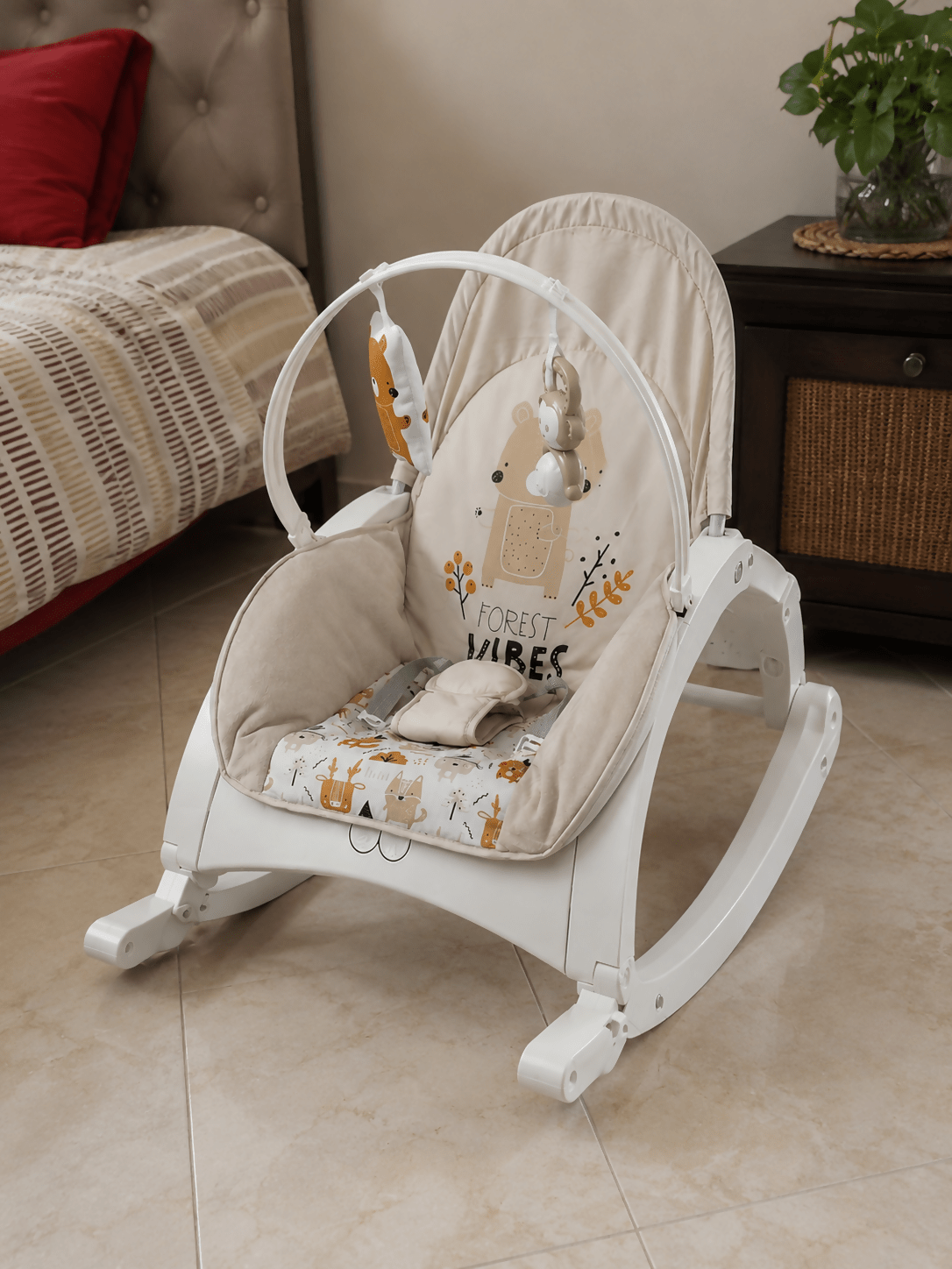 INFANTSO baby rocker and bouncer in beige for 0–2 years with cushioned seat, gentle rocking motion, secure harness, and comfortable design for baby relaxation and play.