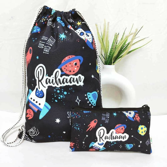 Black drawstring bag and pouch with space-themed design and 'Raihaan' branding on a white background.