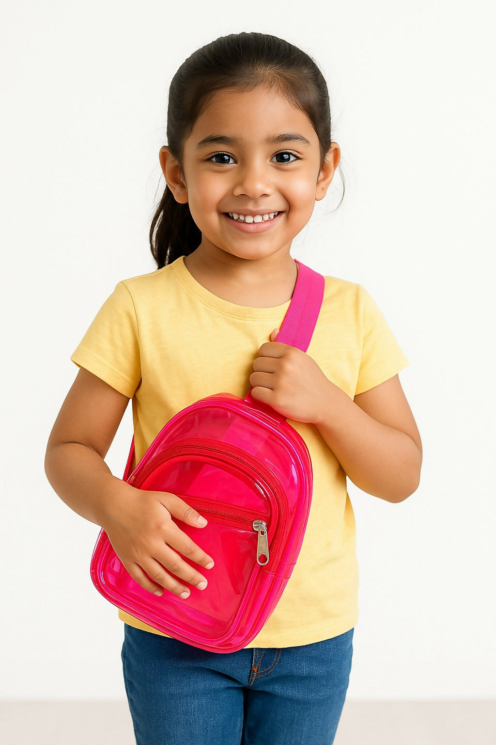 Young girl holding a pink backpack against a white background