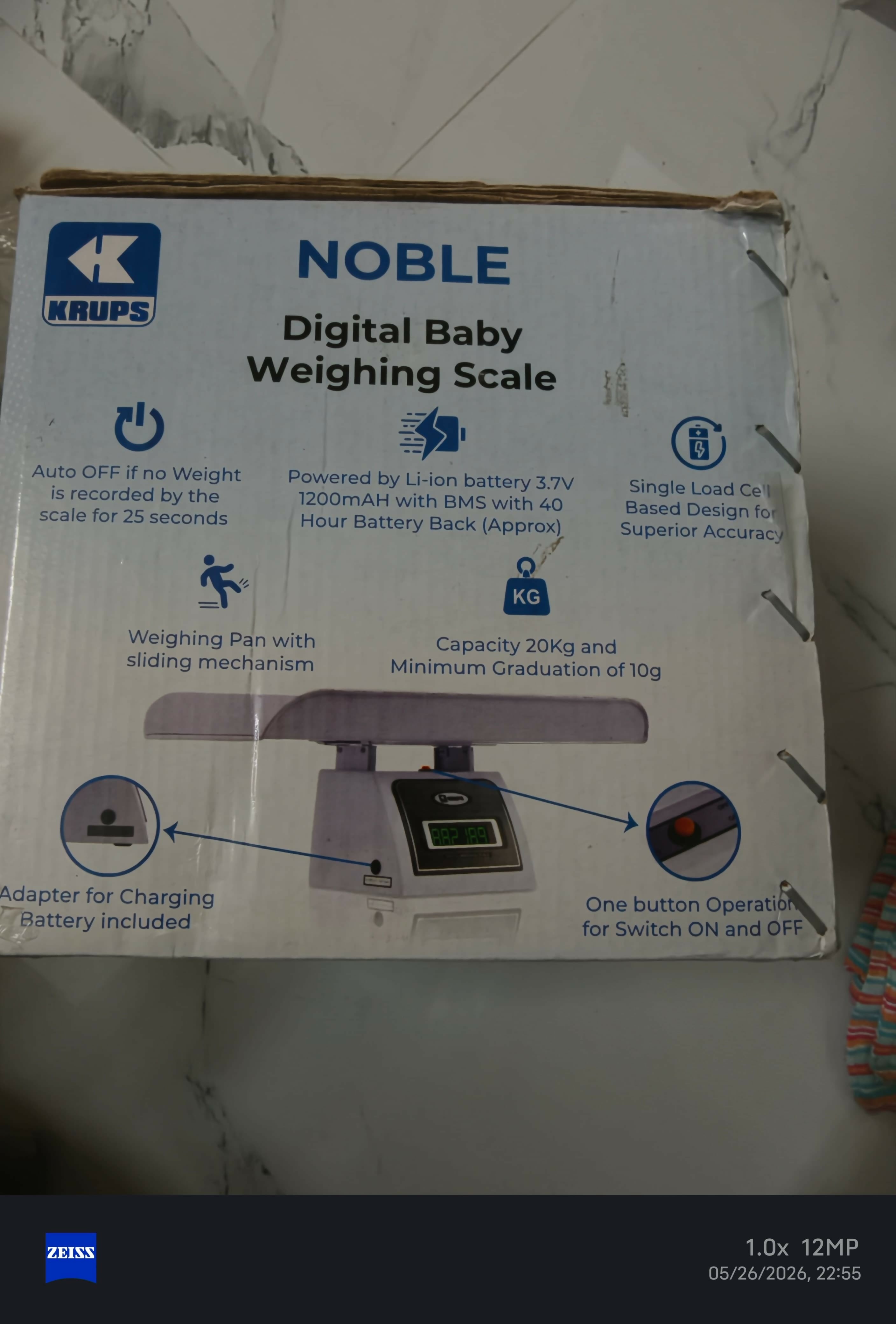 KRUPS Noble digital baby weighing scale with accurate weight measurement, easy-to-read display, stable platform, and convenient monitoring for infants and growing babies.