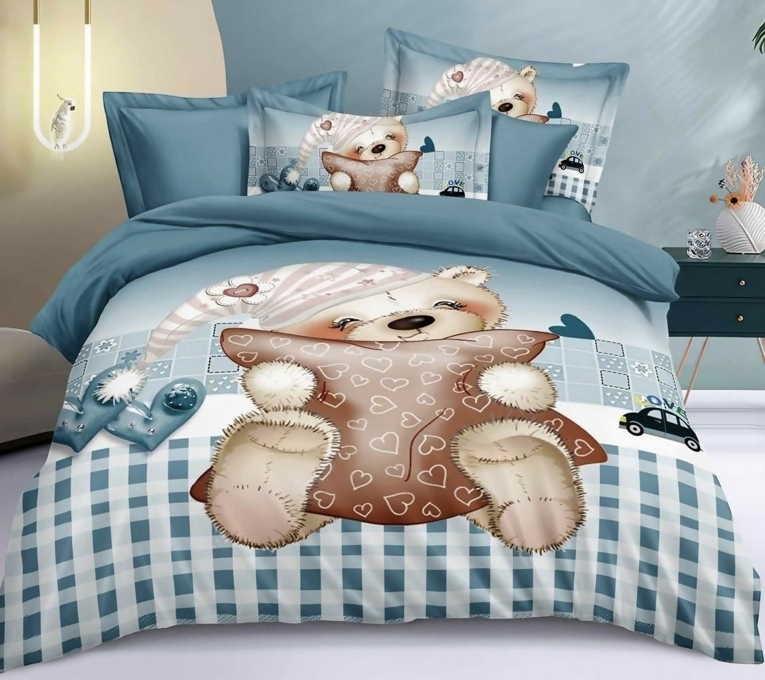 Bedding set with teddy bear design on a bed