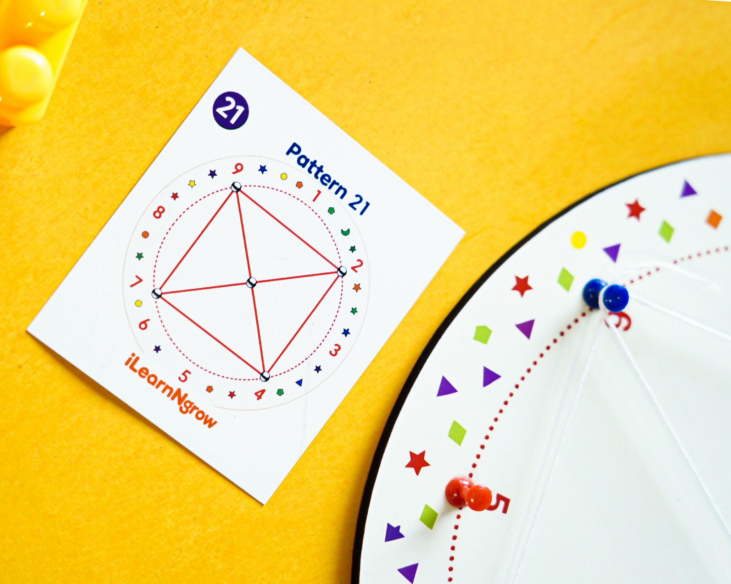iLearnNGrow Winding Thread Pattern Board with 30+ pattern cards for kids, designed to encourage fine motor skills, hand-eye coordination, pattern recognition, concentration and creative hands-on learning