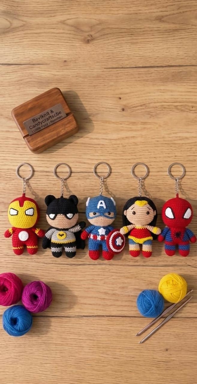 Handmade Superhero Crochet Keychains Collection featuring soft handcrafted crochet characters, detailed hand-stitched designs, lightweight construction, and durable key rings for keys, bags, gifting, and collectibles.