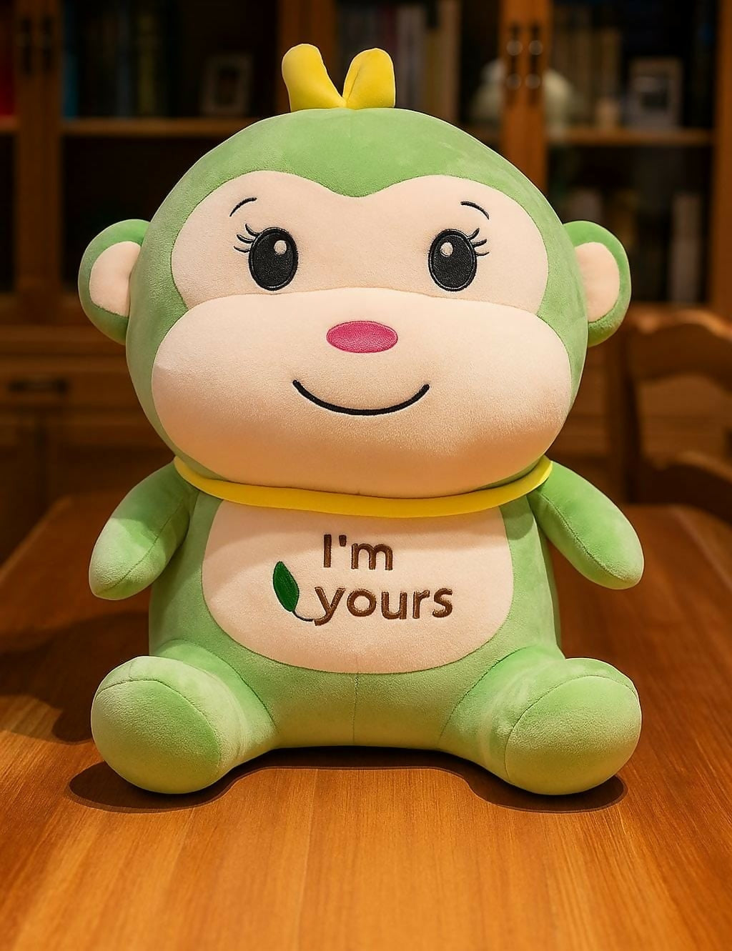 Green plush monkey toy with a yellow bow and 'I'm yours' text on a wooden surface.