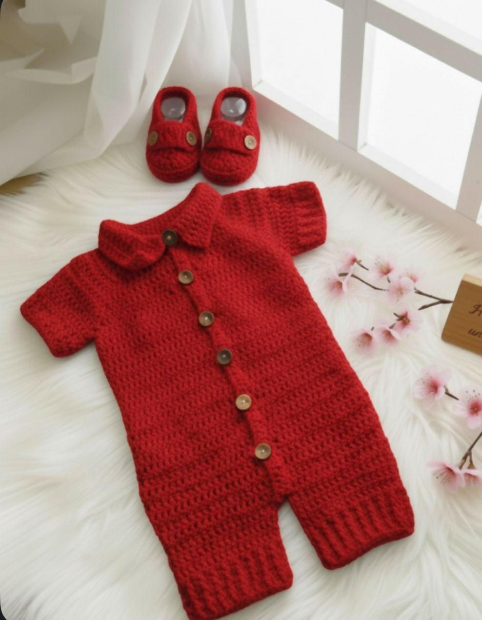 Red knitted baby outfit with matching shoes