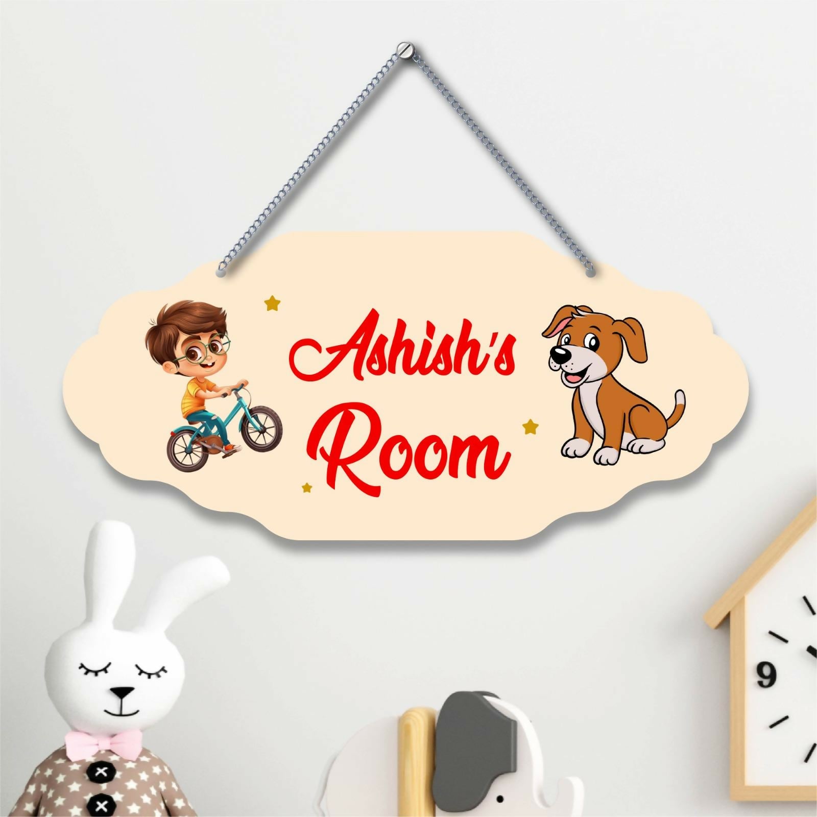 Children's room nameplate with cartoon boy and dog design