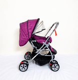Tiffy & Toffee Maxtrem baby stroller with reversible handle, reclining seat, foldable travel pram design, adjustable canopy, 5-point safety harness, smooth wheels, and storage basket for babies and toddlers up to 22 kg.