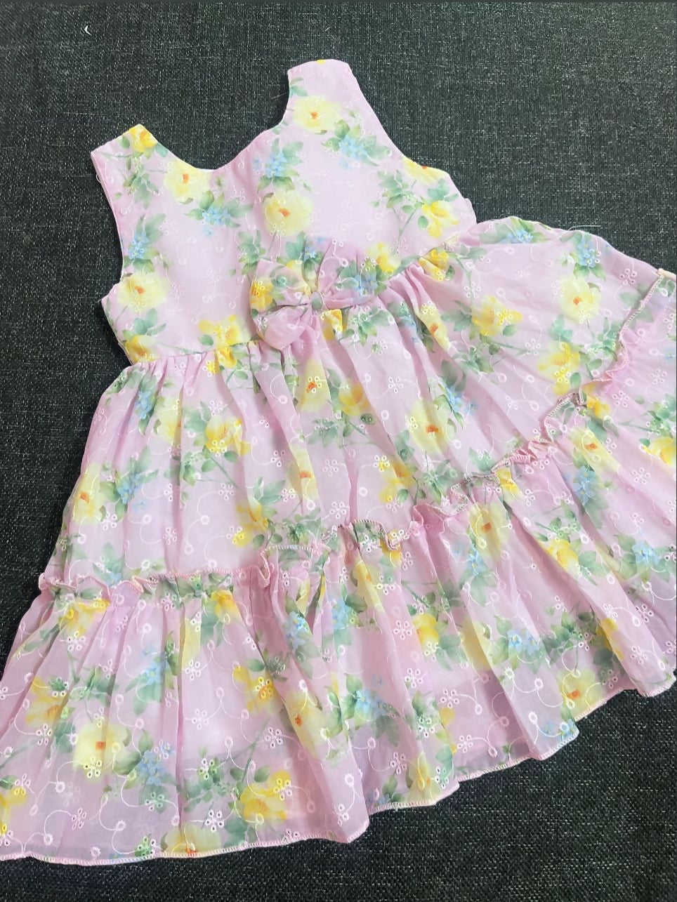 Girls' Floral Summer Dress, Pink with Yellow Flowers, Sleeveless Tiered Party Frock