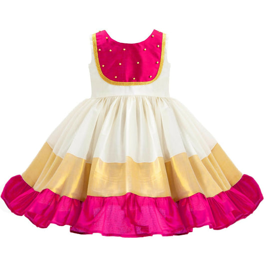 Kerala Kasavu & Cotton Silk Baby Girl Frock/Dress – Perfect Festive Wear for Your Little Princess