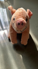 Plush pig toy on a reflective surface with a blurred background