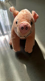 Plush pig toy on a reflective surface with a blurred background