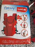 LuvLap Galaxy baby carrier in red with ergonomic support, adjustable straps, cushioned comfort, secure carrying design, and hands-free convenience for babies and parents.