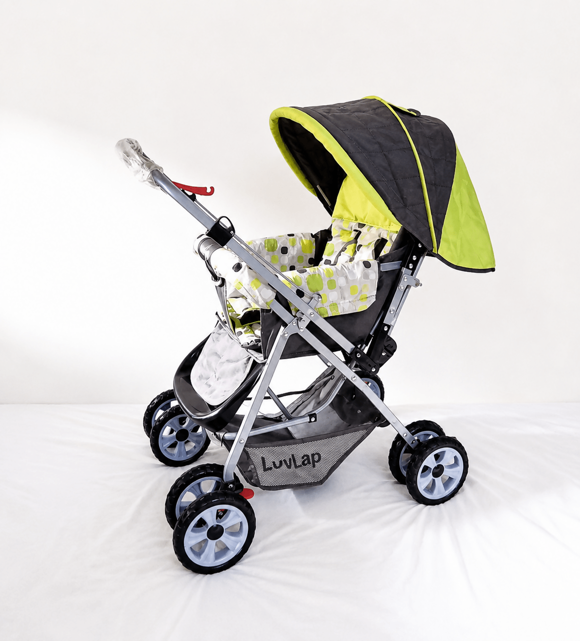 LuvLap reversible handle baby stroller with foldable travel pram design, reclining seat, adjustable canopy, 5-point safety harness, smooth wheels, and spacious storage basket for newborns and toddlers.
