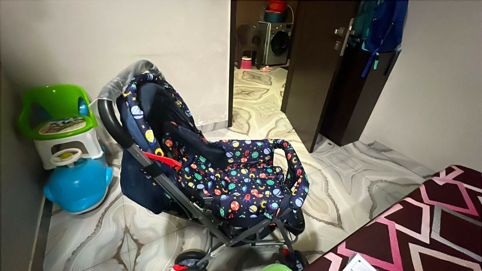 MEE MEE Little Explorer Baby Stroller/Pram with comfortable seating, reclining backrest, protective canopy, safety harness, smooth wheels, foldable frame, and convenient storage for everyday outings with babies and toddlers.