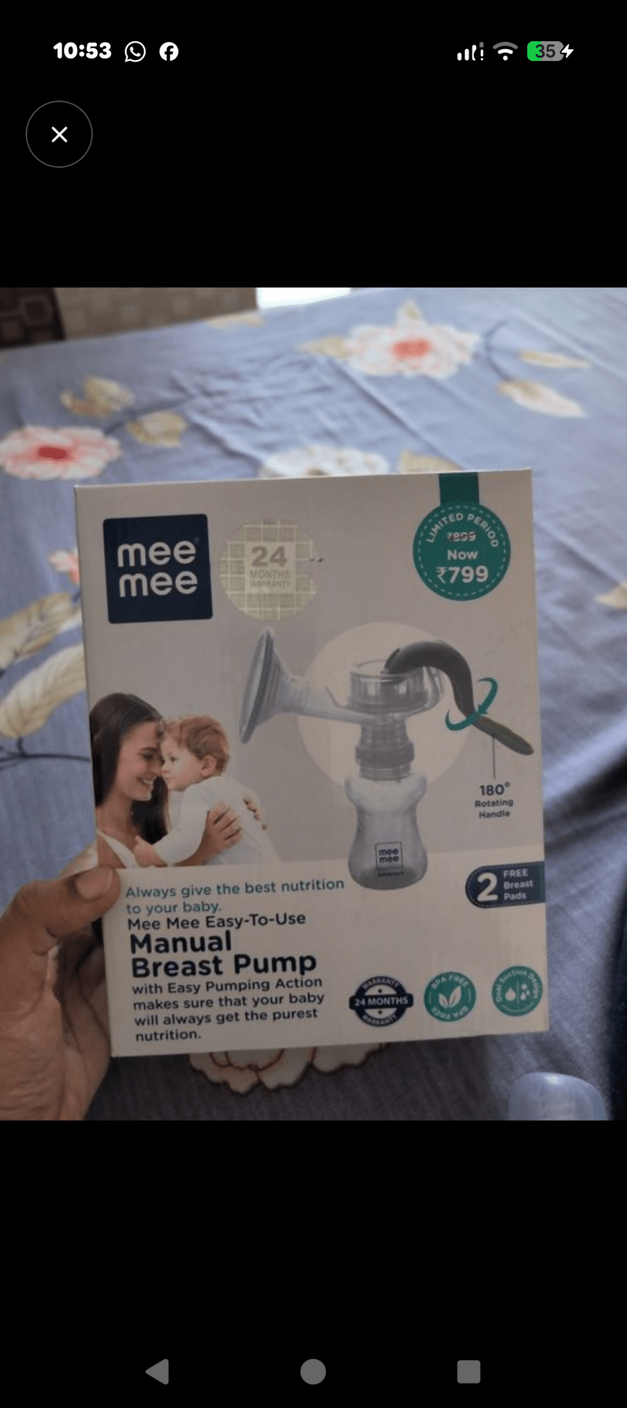 MEE MEE Manual Breast Pump with ergonomic hand pump, soft silicone massage cushion, BPA-free components, lightweight portable design, and comfortable manual milk expression for breastfeeding mothers.
