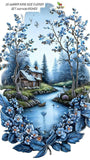 Scenic illustration with a cabin by a lake, surrounded by blue flowers and trees bedsheet.