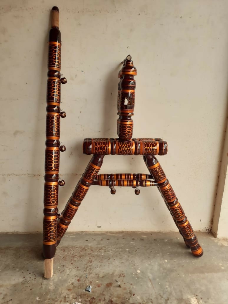 Malaysian teak wood single dandi cradle with soft cloth hammock, sturdy wooden frame, smooth finish, and traditional rocking design for a comfortable sleeping space for babies.