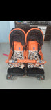 Mee Mee twin stroller pram for babies with dual seating, safety harnesses, smooth wheels, adjustable canopies, and comfortable design for outings with two children.