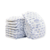 Stack of white baby diapers with 'milk' print on a white background