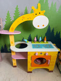 EDUSPARK Giraffe Wooden Kitchen Set with child-safe wooden accessories, colorful giraffe-themed design, interactive pretend play pieces, and durable construction to encourage creativity and imaginative role play.