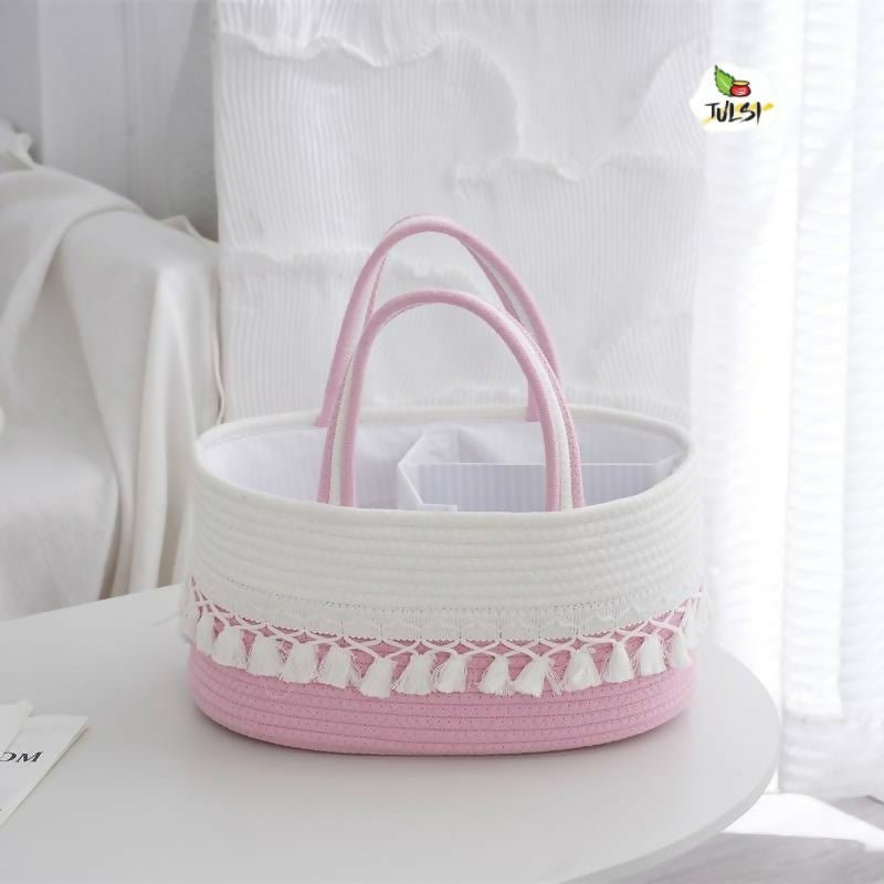 Baby diaper caddy bag with multiple storage compartments, cute design, organized sections, sturdy handles, and convenient storage for diapers, wipes, bottles, and baby essentials.