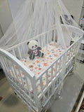 HUNYHUNY 15-in-1 pinewood cot crib with mattress and mosquito net, featuring sturdy wooden construction, convertible design, comfortable sleeping space, and secure support for babies.