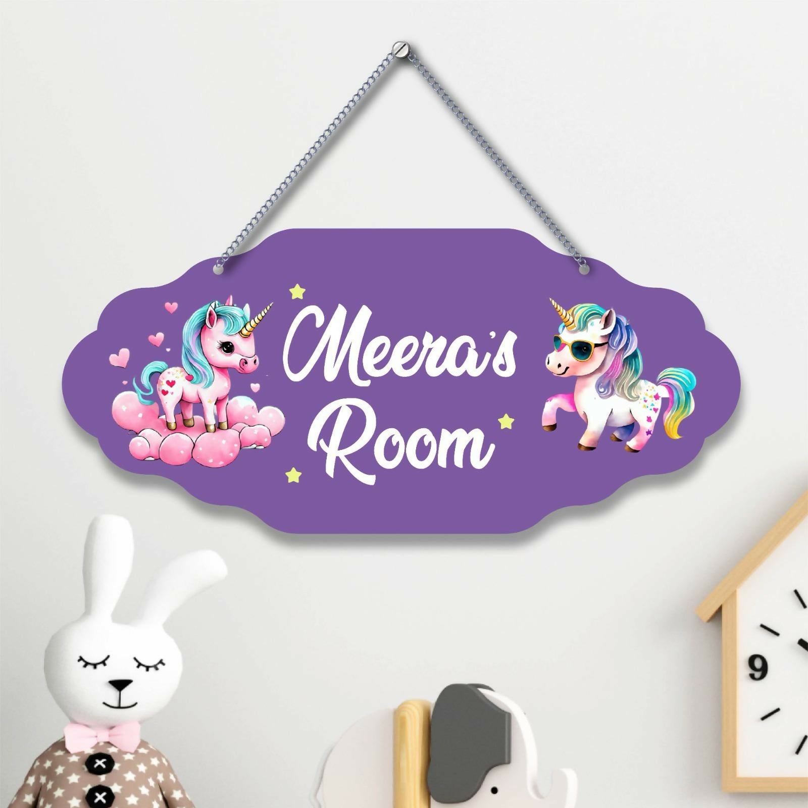 Purple sign with unicorn designs