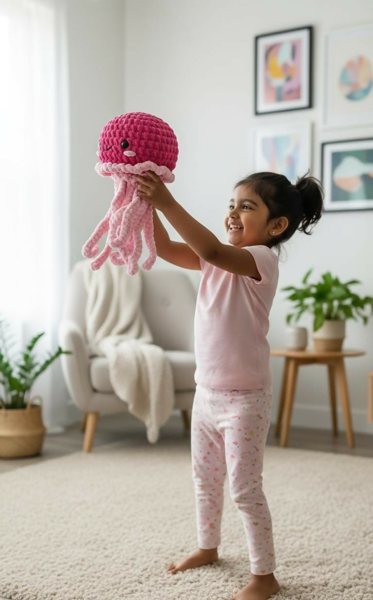 Child holding a pink knitted octopus toy in a room with a couch and plants.