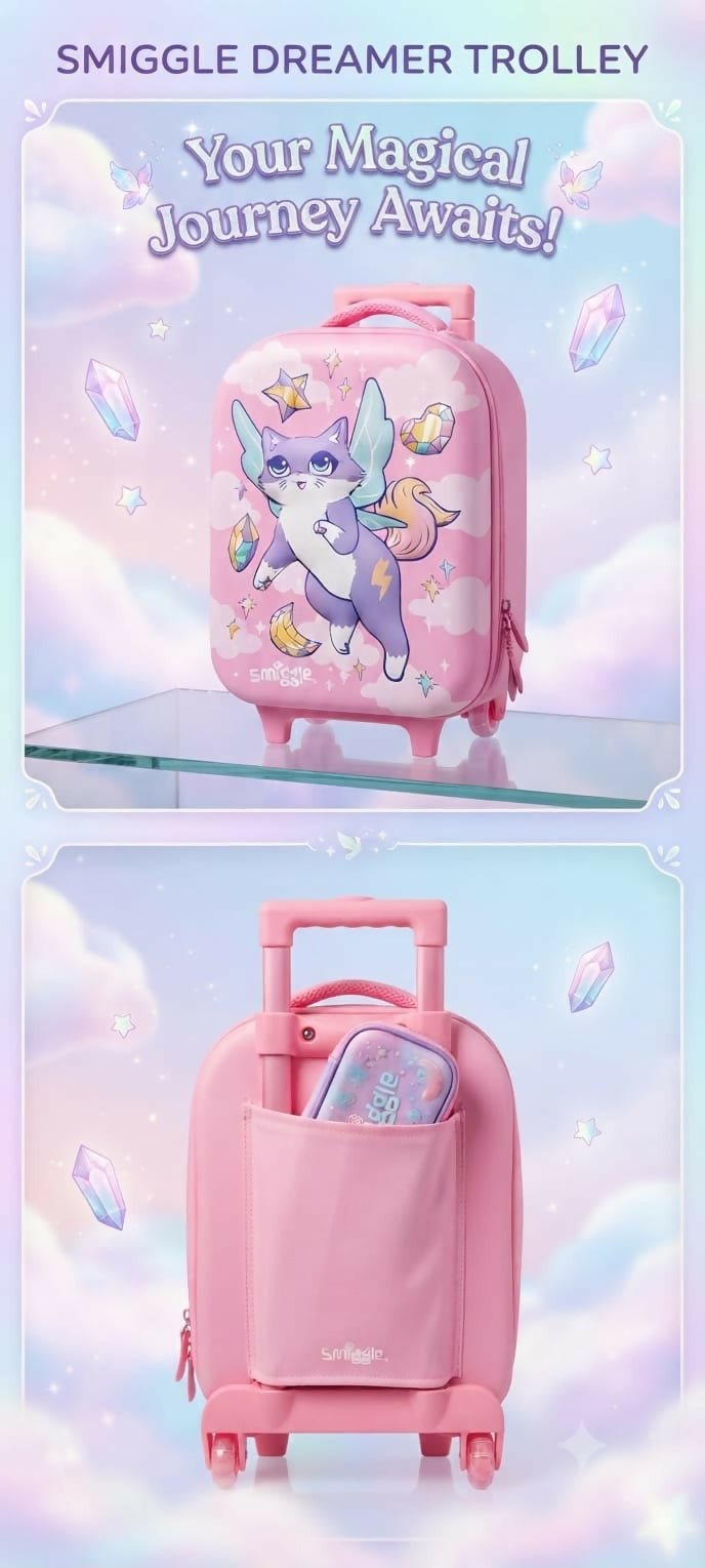 Original Smiggle 14-Inch Personalized Trolley Backpack with custom name personalization, retractable trolley handle, smooth wheels, spacious compartments, and adjustable shoulder straps for school and travel.